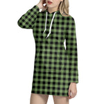 Sage Green Buffalo Check Pattern Print Hoodie Dress