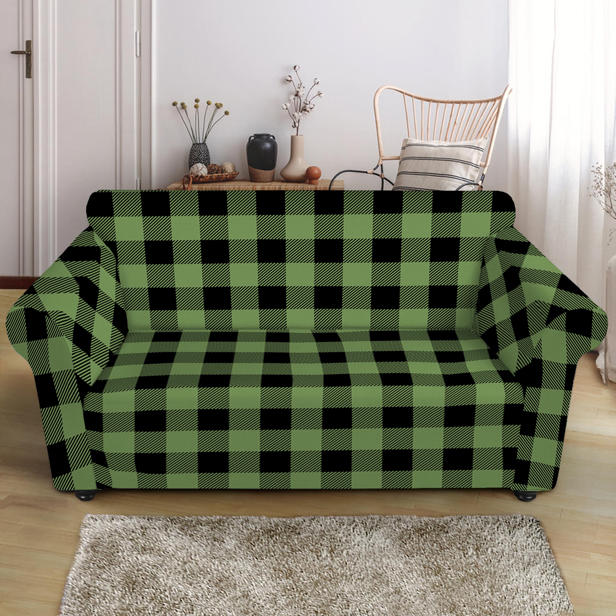 Sage Green Buffalo Check Pattern Print Loveseat Slipcover GearFrost