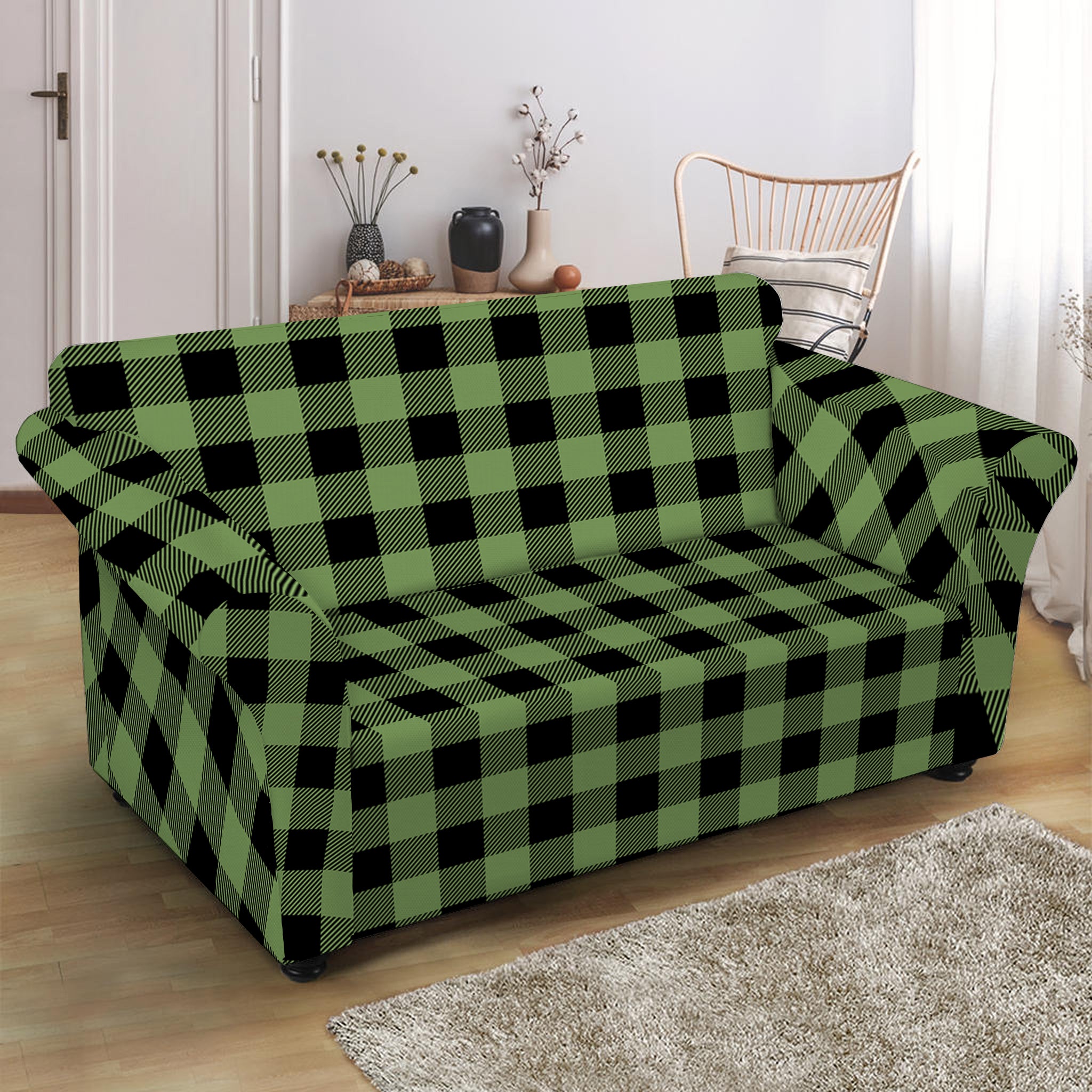 Sage Green Buffalo Check Pattern Print Loveseat Slipcover GearFrost