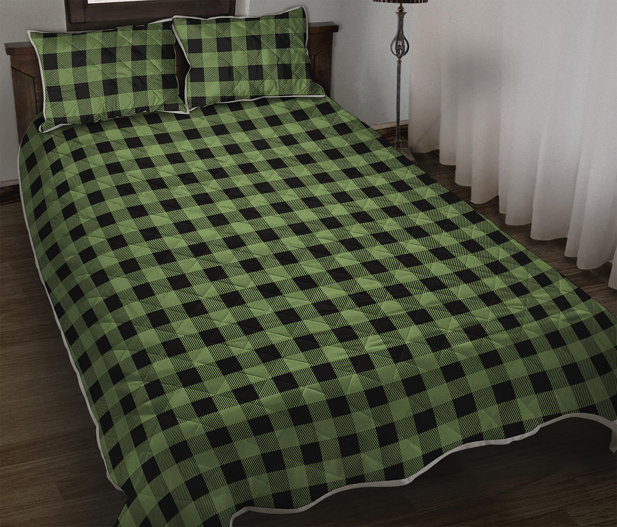 Sage Green Buffalo Check Pattern Print Quilt Bed Set