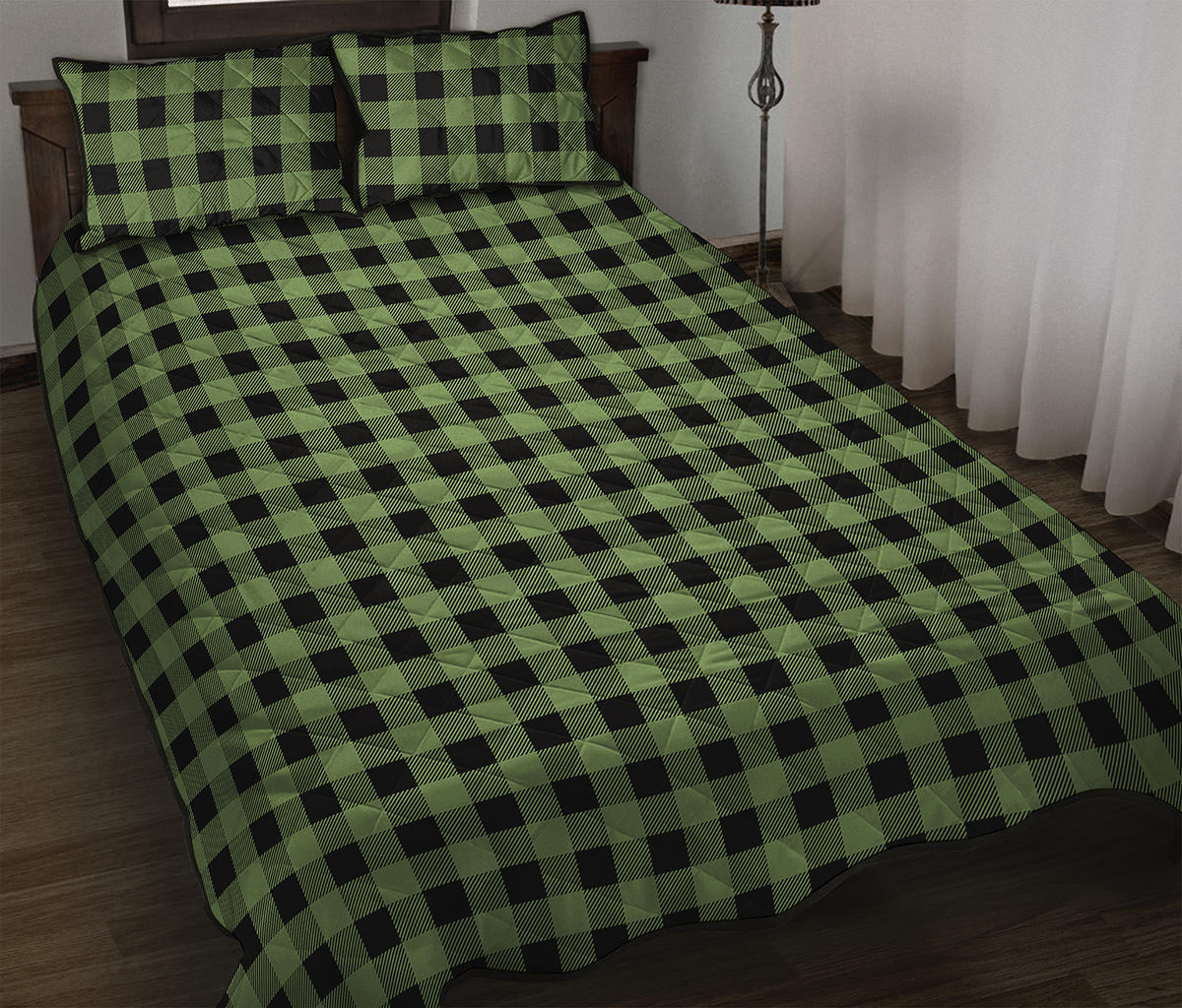 Sage Green Buffalo Check Pattern Print Quilt Bed Set
