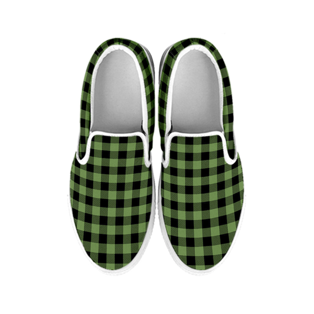 Sage Green Buffalo Check Pattern Print White Slip On Shoes