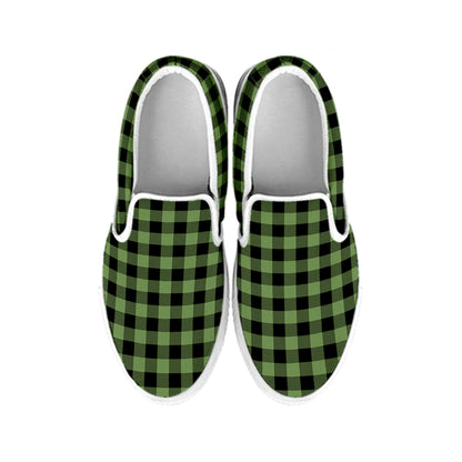Sage Green Buffalo Check Pattern Print White Slip On Shoes
