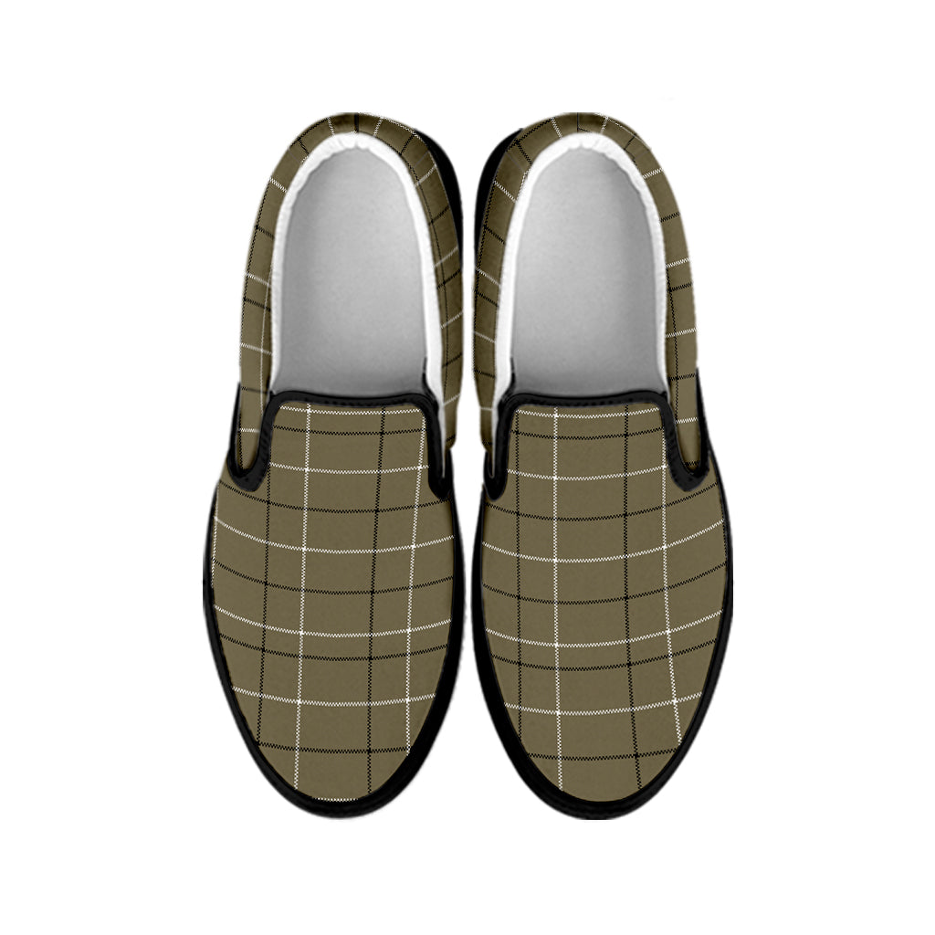 Sage Green Tattersall Pattern Print Black Slip On Shoes