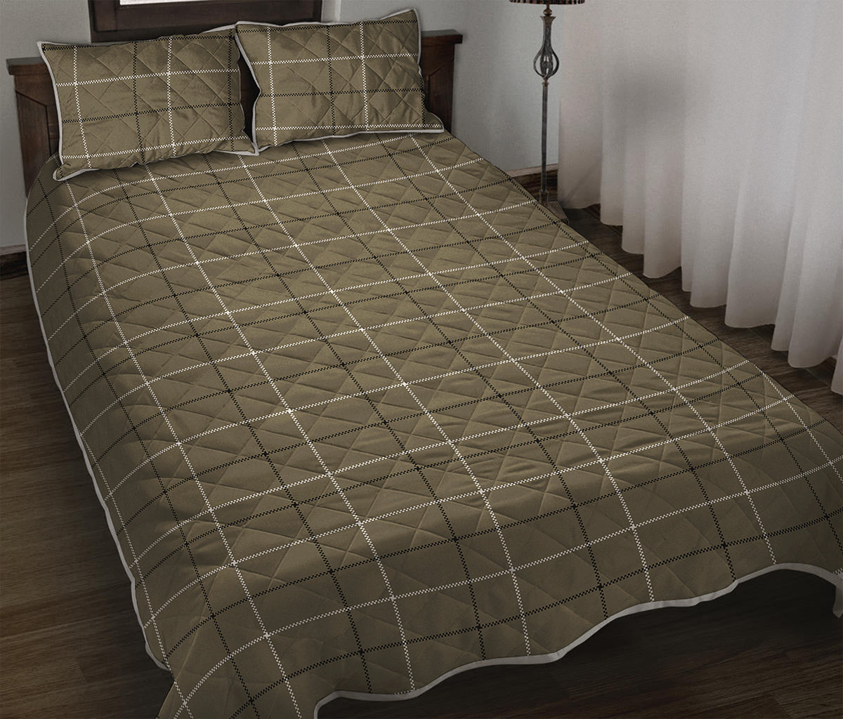 Sage Green Tattersall Pattern Print Quilt Bed Set