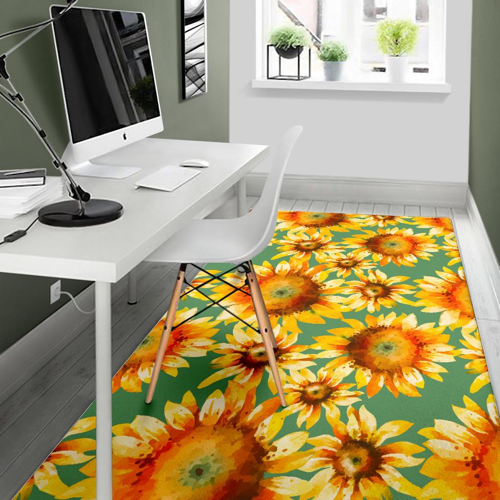 Sage Watercolor Sunflower Pattern Print Area Rug GearFrost