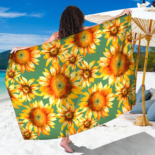 Sage Watercolor Sunflower Pattern Print Beach Sarong Wrap