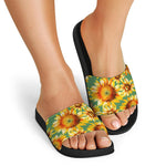 Sage Watercolor Sunflower Pattern Print Black Slide Sandals