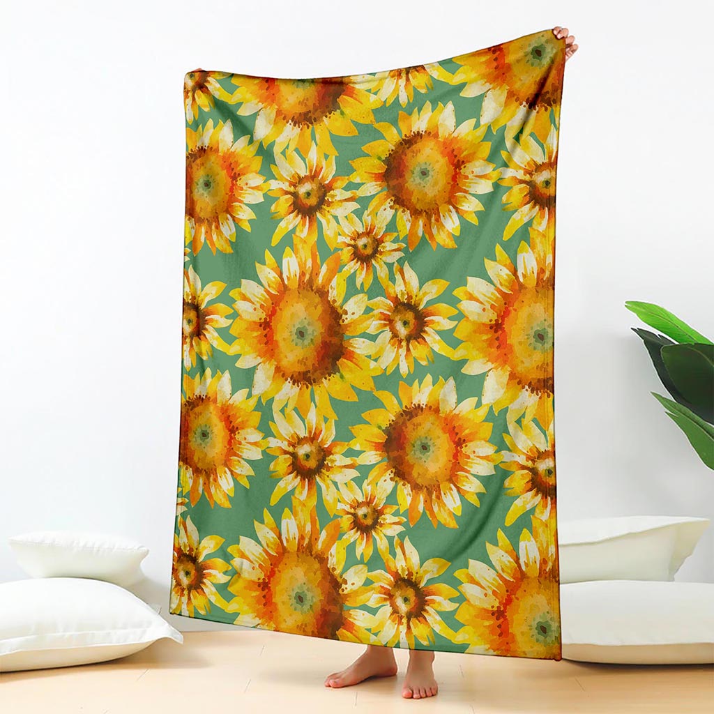 Sage Watercolor Sunflower Pattern Print Blanket