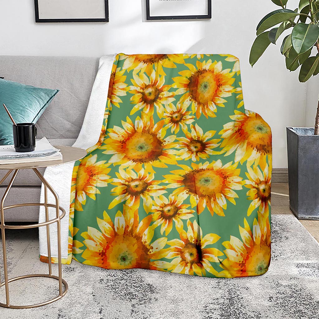 Sage Watercolor Sunflower Pattern Print Blanket