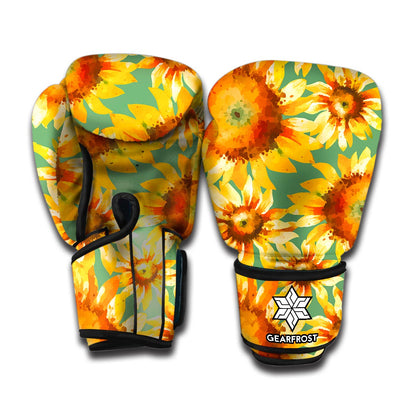 Sage Watercolor Sunflower Pattern Print Boxing Gloves