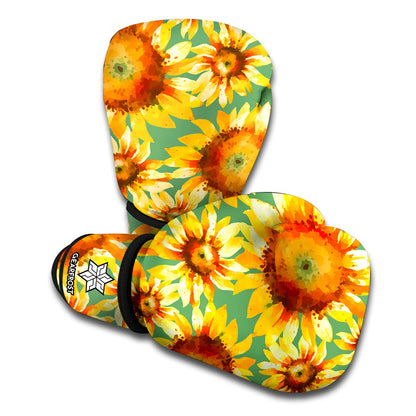Sage Watercolor Sunflower Pattern Print Boxing Gloves