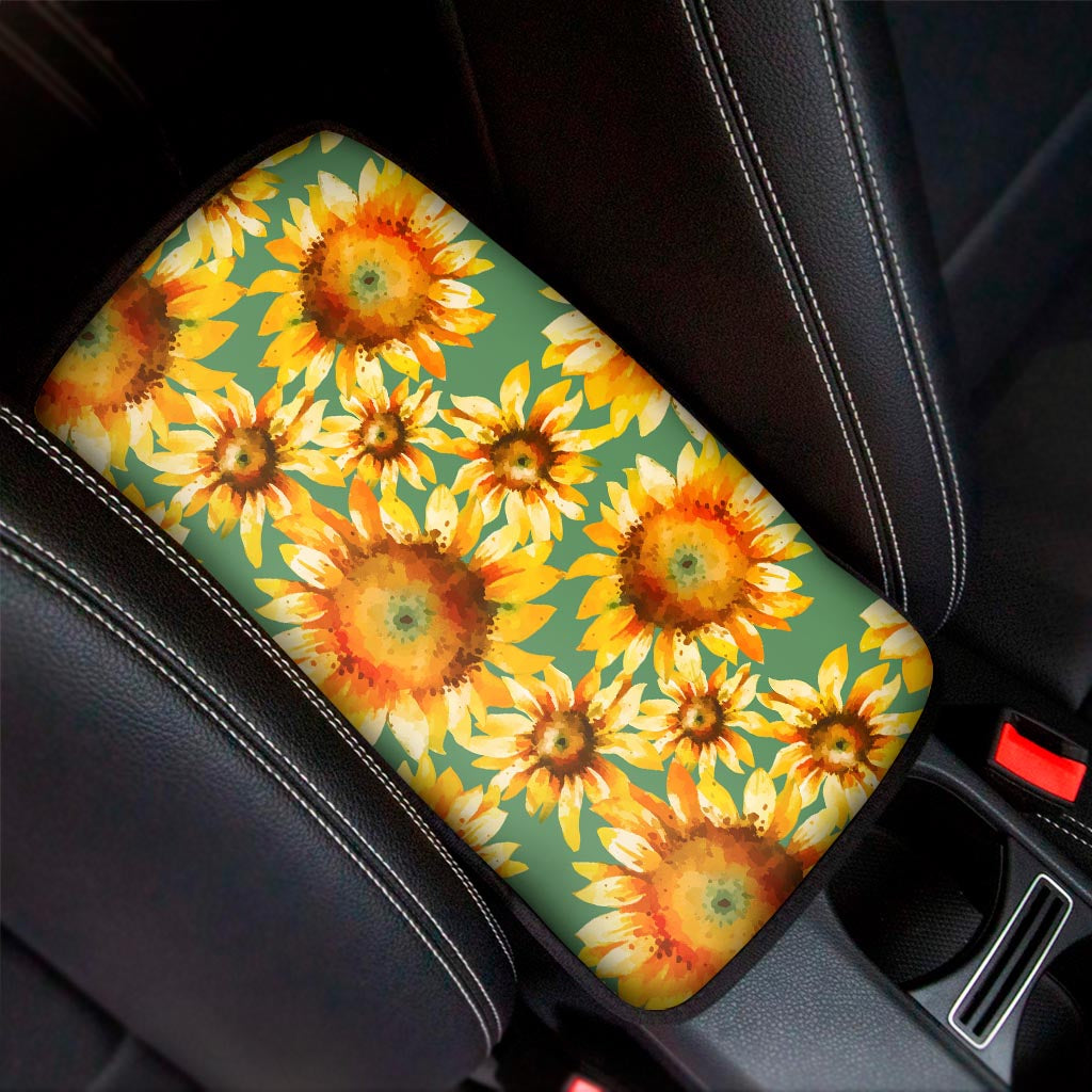 Sage Watercolor Sunflower Pattern Print Car Center Console Cover