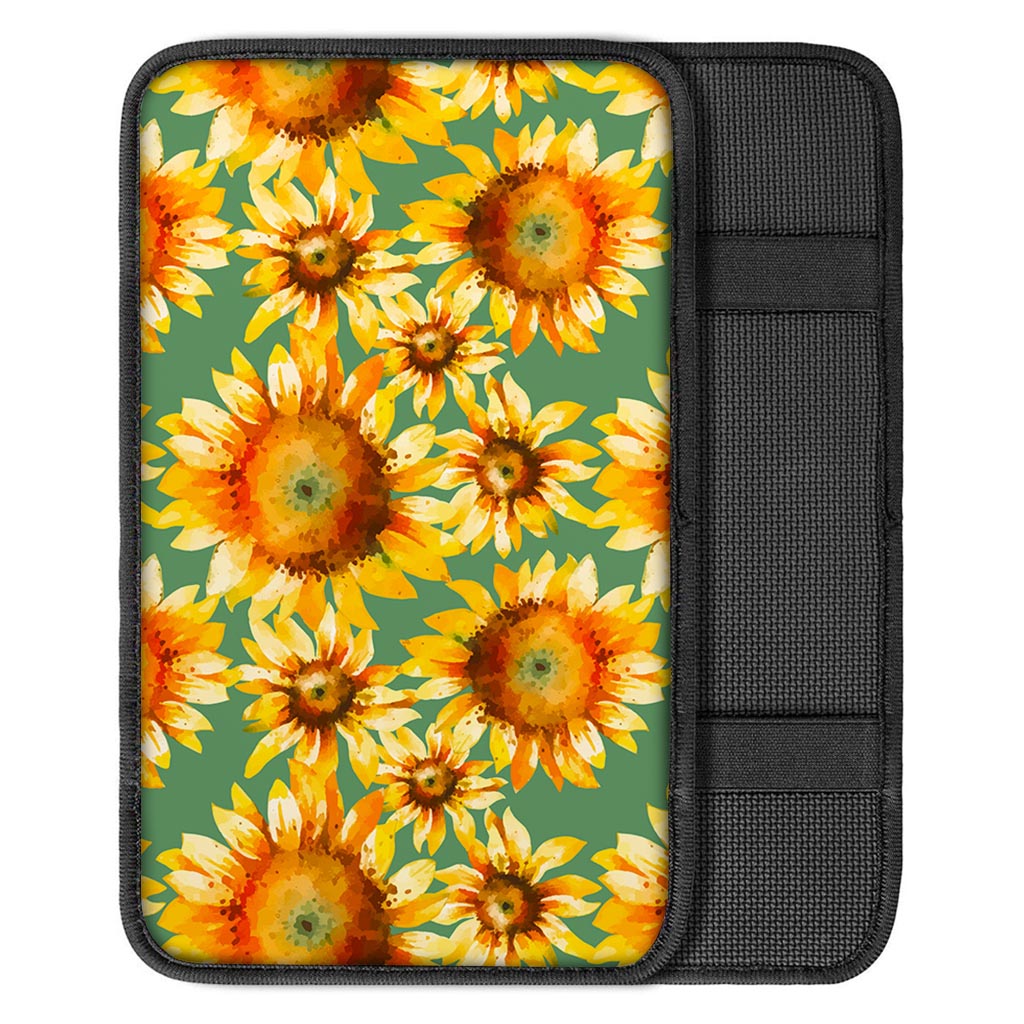 Sage Watercolor Sunflower Pattern Print Car Center Console Cover