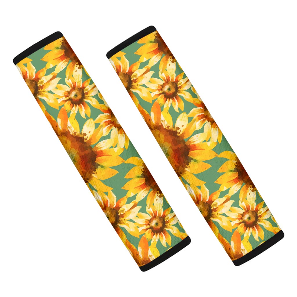 Sage Watercolor Sunflower Pattern Print Car Seat Belt Covers