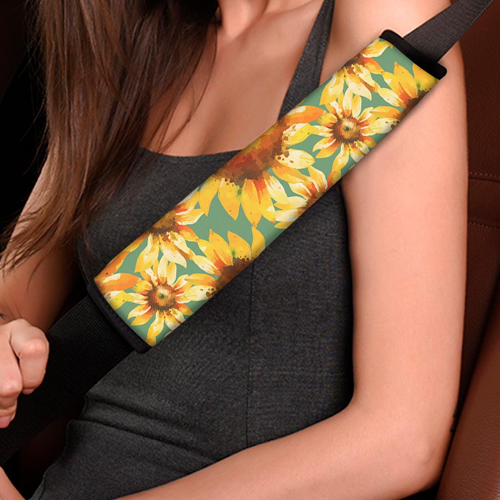 Sage Watercolor Sunflower Pattern Print Car Seat Belt Covers