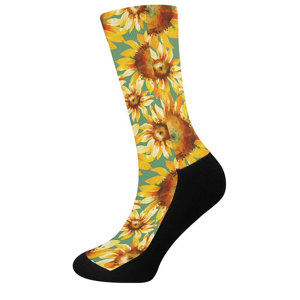 Sage Watercolor Sunflower Pattern Print Crew Socks