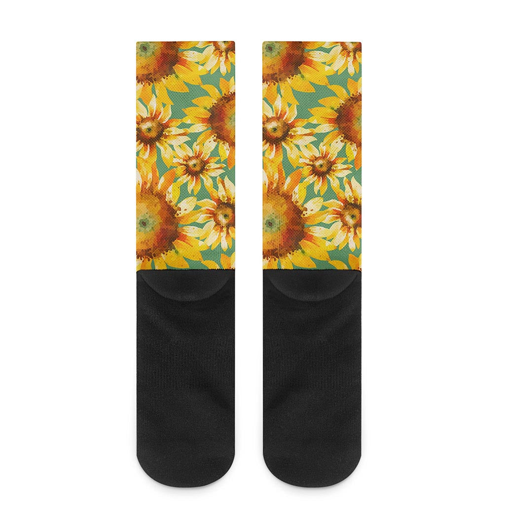 Sage Watercolor Sunflower Pattern Print Crew Socks