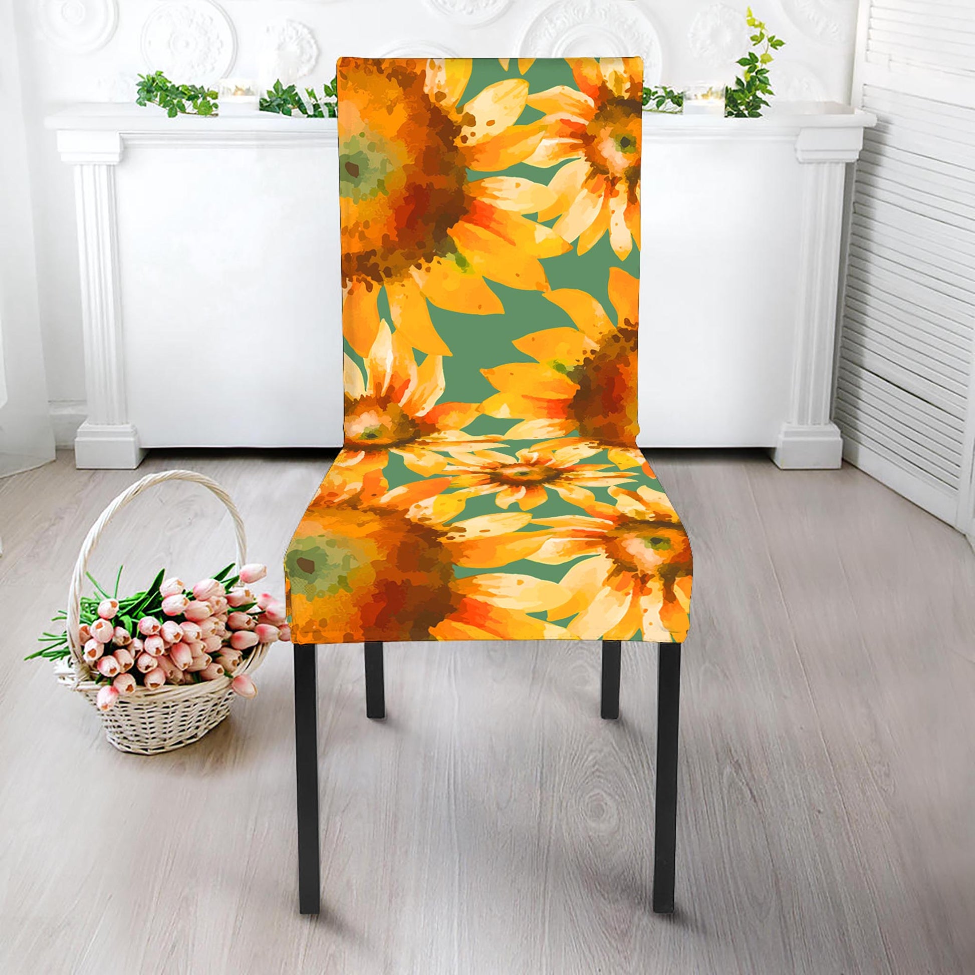 Sage Watercolor Sunflower Pattern Print Dining Chair Slipcover