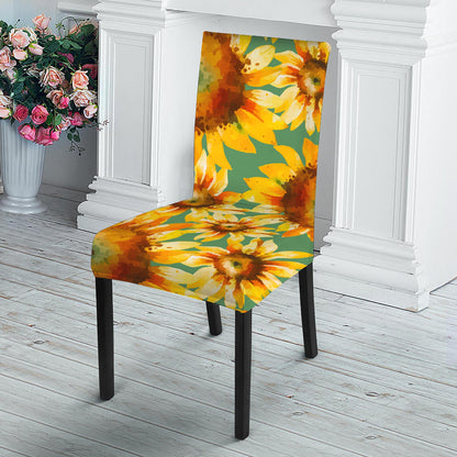 Sage Watercolor Sunflower Pattern Print Dining Chair Slipcover