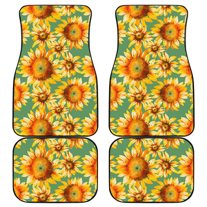 Sage Watercolor Sunflower Pattern Print Front and Back Car Floor Mats