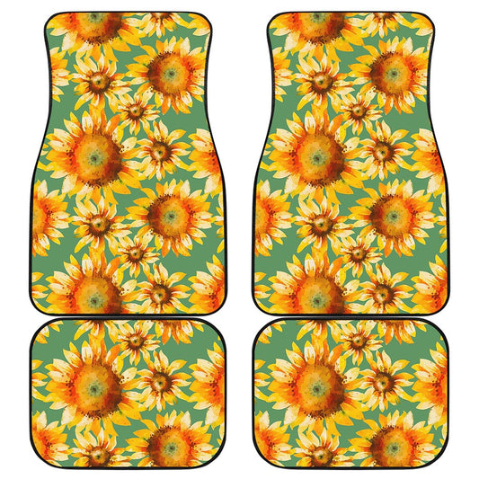 Sage Watercolor Sunflower Pattern Print Front and Back Car Floor Mats