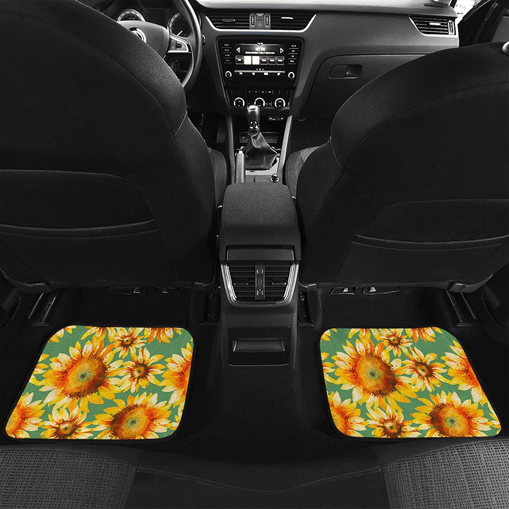 Sage Watercolor Sunflower Pattern Print Front and Back Car Floor Mats