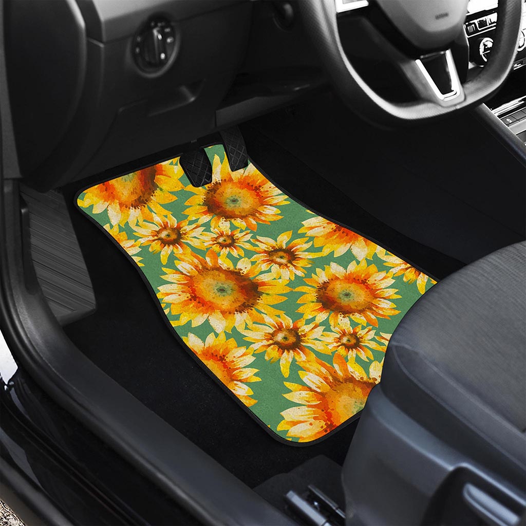 Sage Watercolor Sunflower Pattern Print Front and Back Car Floor Mats