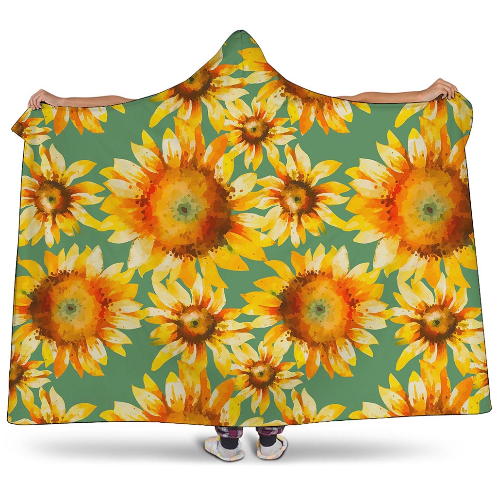 Sage Watercolor Sunflower Pattern Print Hooded Blanket