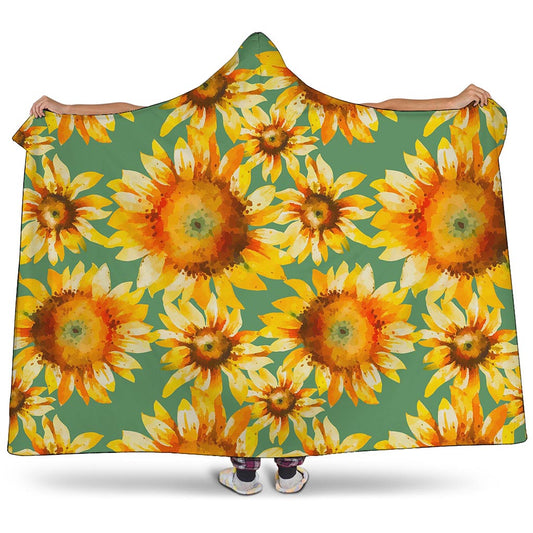 Sage Watercolor Sunflower Pattern Print Hooded Blanket