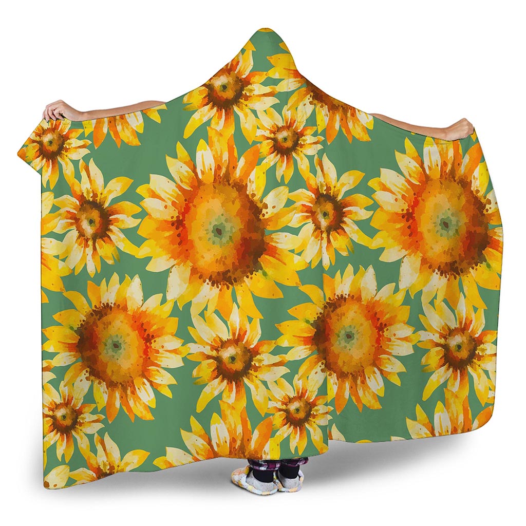 Sage Watercolor Sunflower Pattern Print Hooded Blanket