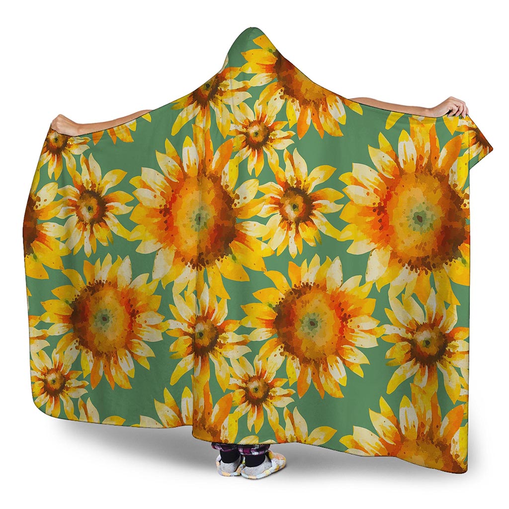 Sage Watercolor Sunflower Pattern Print Hooded Blanket