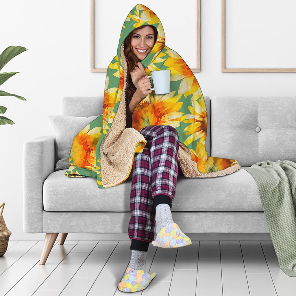 Sage Watercolor Sunflower Pattern Print Hooded Blanket