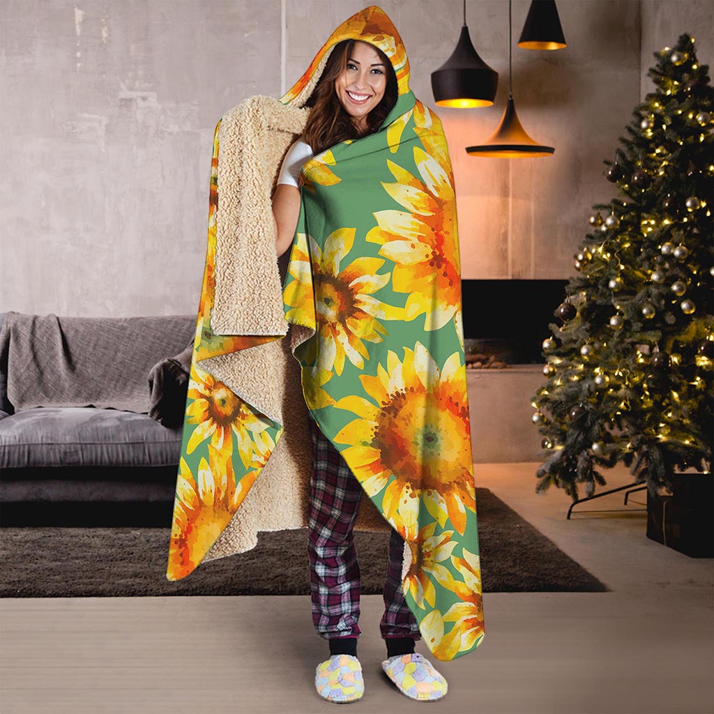 Sage Watercolor Sunflower Pattern Print Hooded Blanket