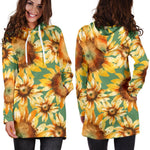 Sage Watercolor Sunflower Pattern Print Hoodie Dress GearFrost