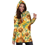 Sage Watercolor Sunflower Pattern Print Hoodie Dress GearFrost