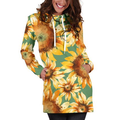 Sage Watercolor Sunflower Pattern Print Hoodie Dress GearFrost