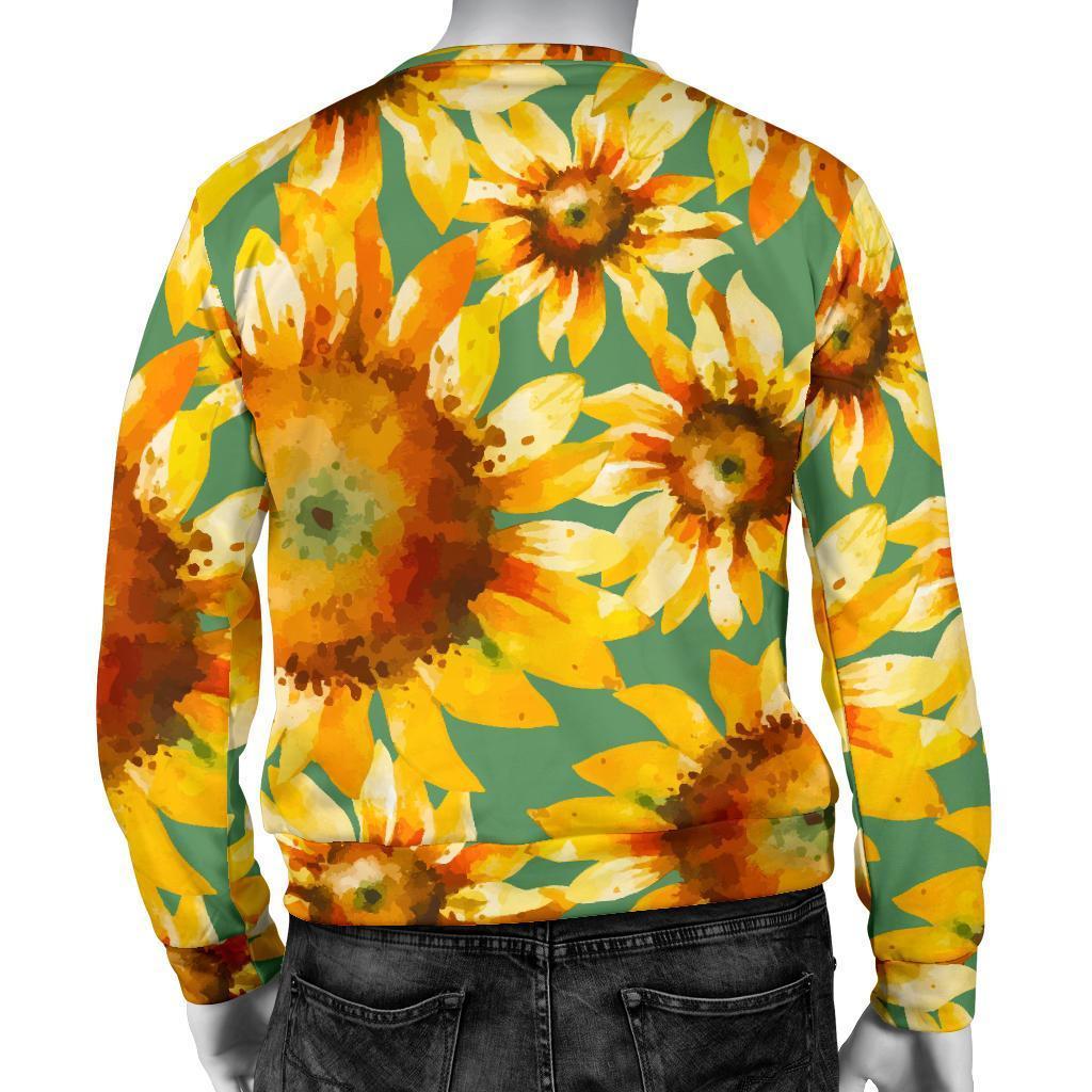 Sage Watercolor Sunflower Pattern Print Men's Crewneck Sweatshirt GearFrost