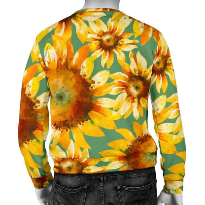 Sage Watercolor Sunflower Pattern Print Men's Crewneck Sweatshirt GearFrost