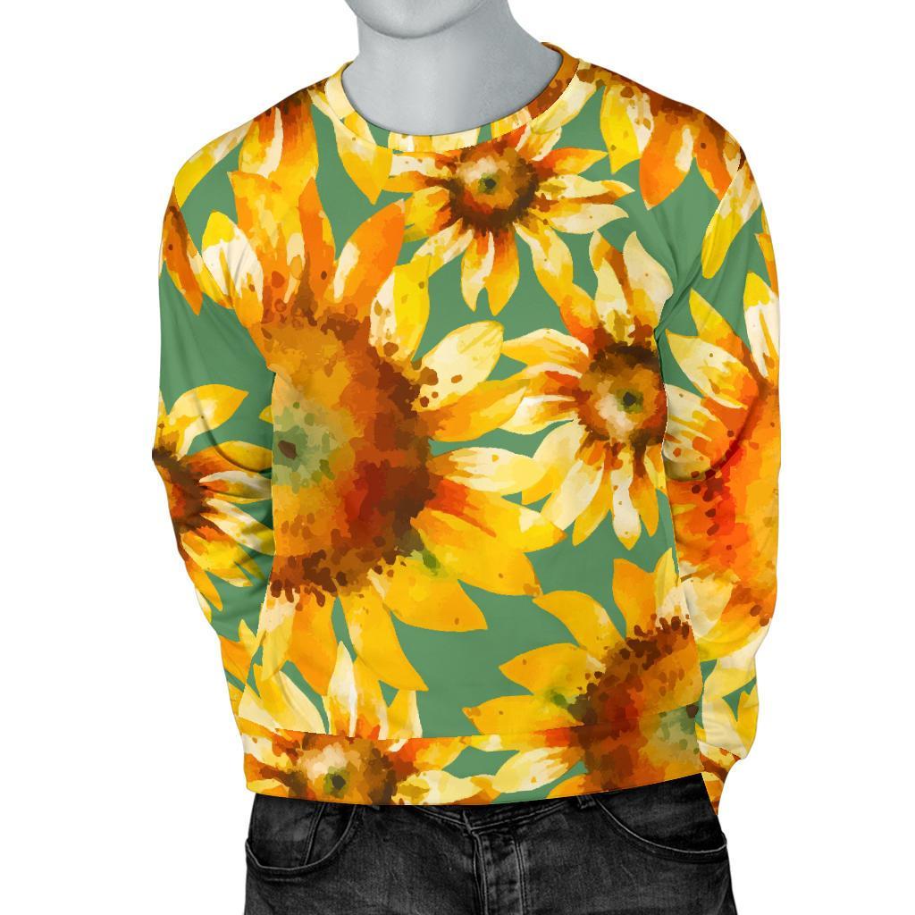 Sage Watercolor Sunflower Pattern Print Men's Crewneck Sweatshirt GearFrost