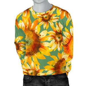 Sage Watercolor Sunflower Pattern Print Men's Crewneck Sweatshirt GearFrost
