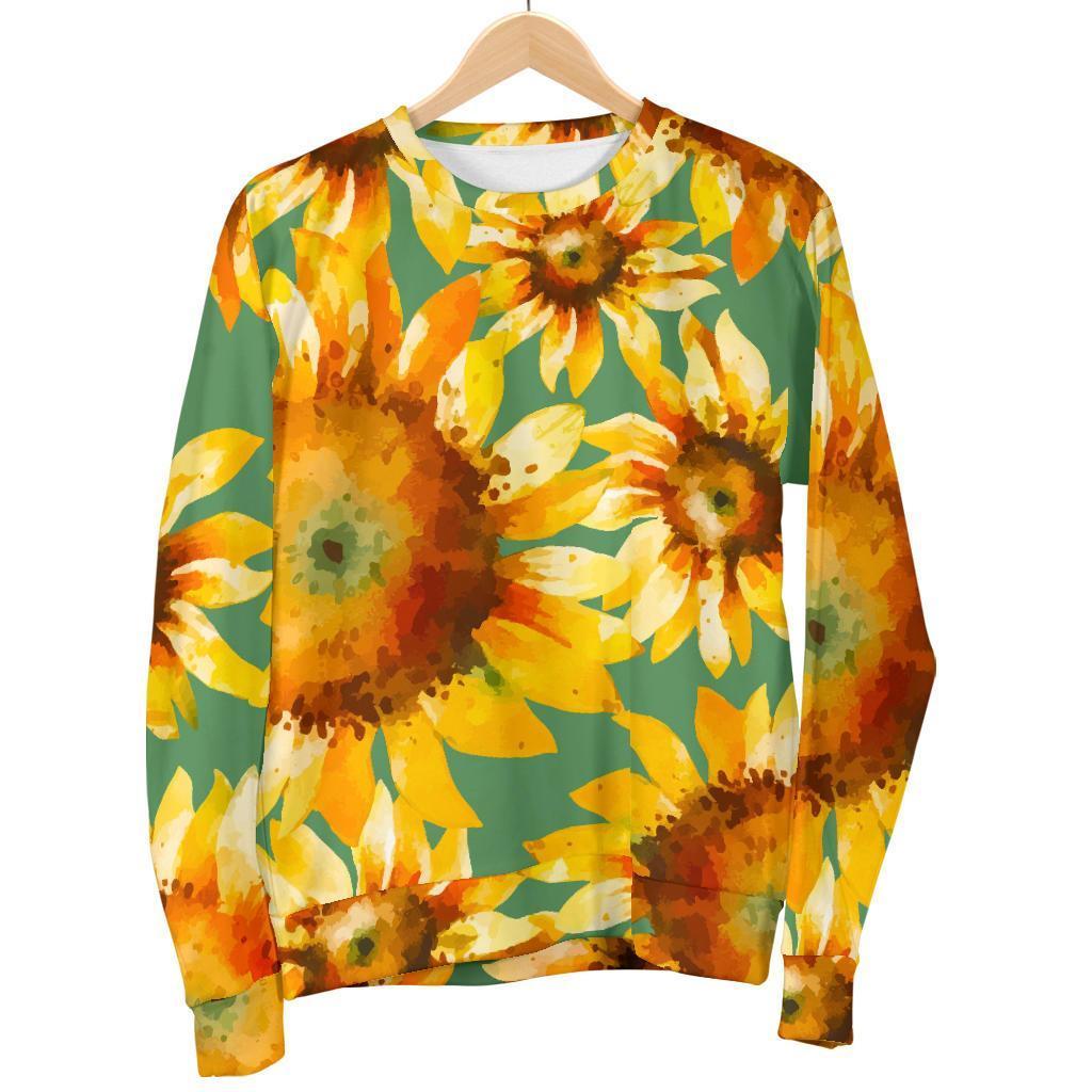 Sage Watercolor Sunflower Pattern Print Men's Crewneck Sweatshirt GearFrost