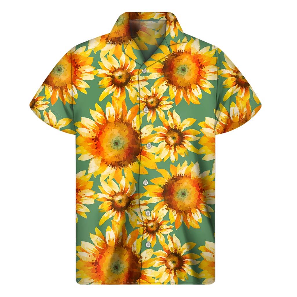Sage Watercolor Sunflower Pattern Print Men's Short Sleeve Shirt
