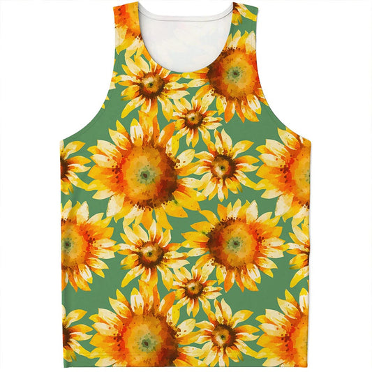 Sage Watercolor Sunflower Pattern Print Men's Tank Top