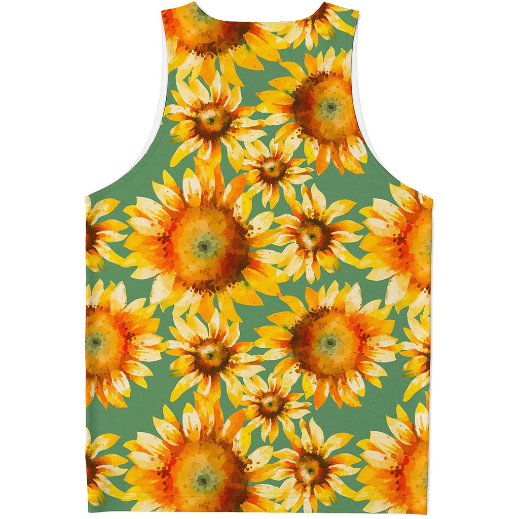 Sage Watercolor Sunflower Pattern Print Men's Tank Top