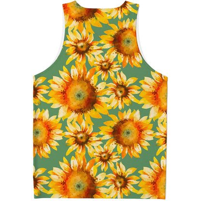 Sage Watercolor Sunflower Pattern Print Men's Tank Top
