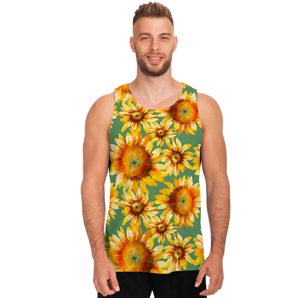 Sage Watercolor Sunflower Pattern Print Men's Tank Top