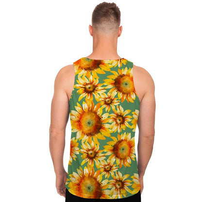 Sage Watercolor Sunflower Pattern Print Men's Tank Top