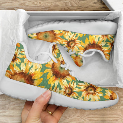Sage Watercolor Sunflower Pattern Print Mesh Knit Shoes GearFrost