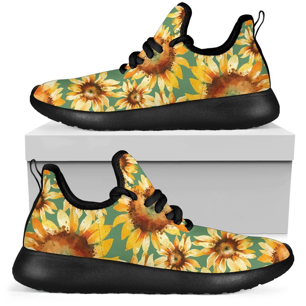 Sage Watercolor Sunflower Pattern Print Mesh Knit Shoes GearFrost